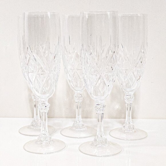 5 Pcs Cut Crystal Champagne Flutes / Elegant Drinkware Glassware / Wedding Party - Picture 1 of 6